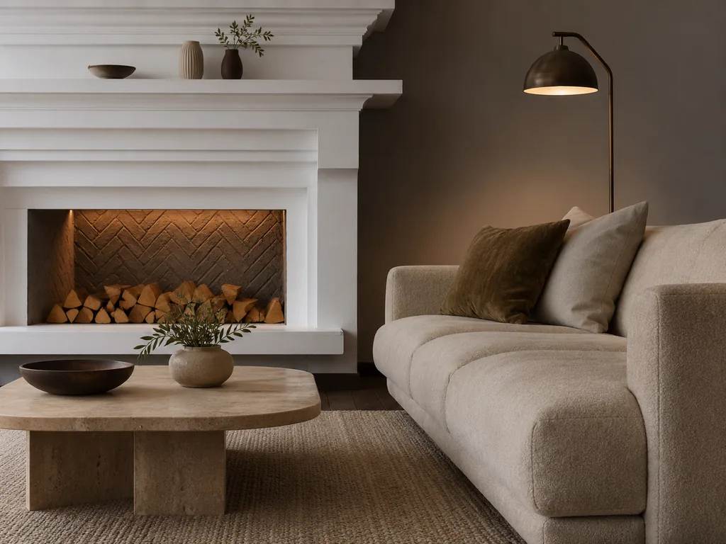 Same fireplace corner after an AI redesign in a Modern Organic direction — fireplace, firebox tile, accent wall, and floor unchanged; sofa, table, rug, and a new floor lamp changed