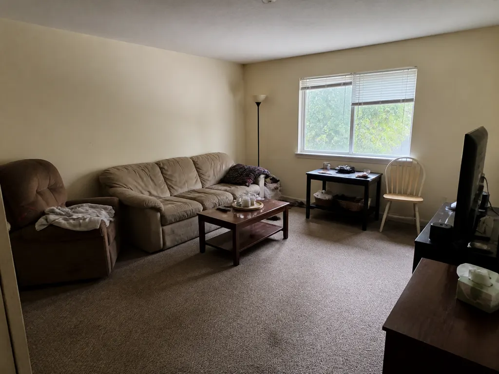 Published sample living room with a brown sofa, recliner and carpet before a soft-furnishing edit