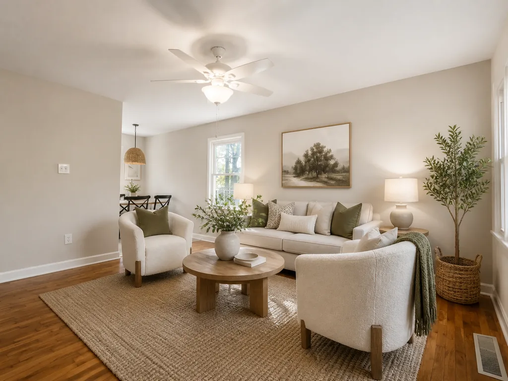 Same living room after an AI redesign in a Scandinavian Minimalist direction — cream sofa, woven beige rug, same ceiling fan, window, and doorway