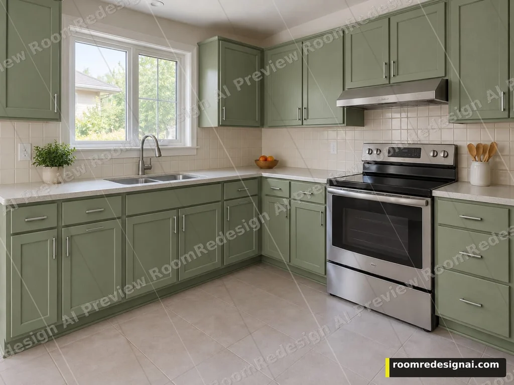 Actual RoomRedesign AI preview applying sage green to cabinet fronts in the AI-created example kitchen