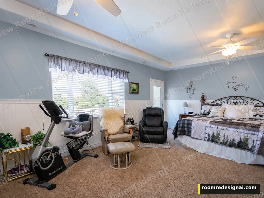 Actual watermarked preview of dusty blue walls in the same bedroom, with the bed and exercise bike in place